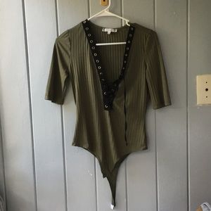 Lace up olive green silky bodysuit club